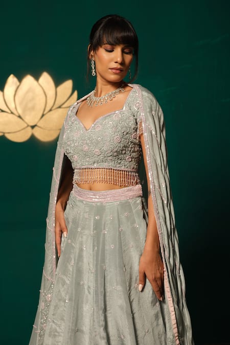 Niloufer By Aasif Ally_Silver Tissue Sequins, Embroidery, Beads, Tassels, Floral Blouse Lehenga Set _Online_at_Aza_Fashions