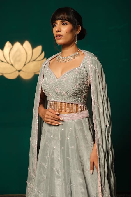 Buy_Niloufer By Aasif Ally_Silver Tissue Sequins, Embroidery, Beads, Tassels, Floral Blouse Lehenga Set _Online_at_Aza_Fashions