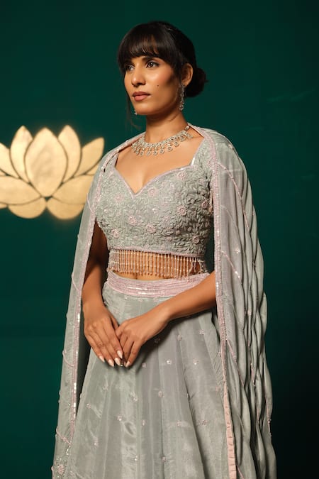 Shop_Niloufer By Aasif Ally_Silver Tissue Sequins, Embroidery, Beads, Tassels, Floral Blouse Lehenga Set _Online_at_Aza_Fashions