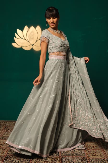 Niloufer By Aasif Ally_Silver Tissue Sequins, Embroidery, Beads, Tassels, Floral Blouse Lehenga Set _at_Aza_Fashions