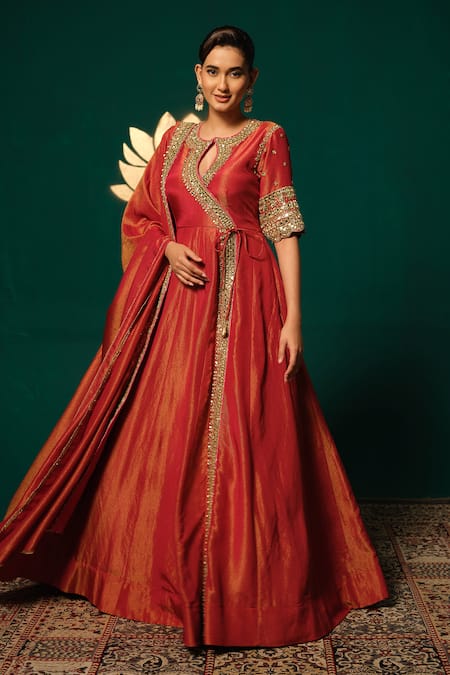 Niloufer By Aasif Ally_Red Tissue Zari, Mirrors, Embroidery Round Neck, Shimmer Anarkali With Dupatta _Online_at_Aza_Fashions