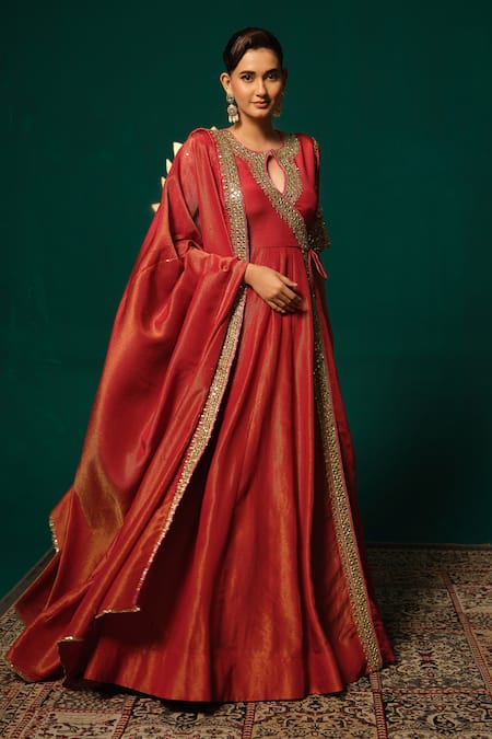 Buy_Niloufer By Aasif Ally_Red Tissue Zari, Mirrors, Embroidery Round Neck, Shimmer Anarkali With Dupatta _Online_at_Aza_Fashions