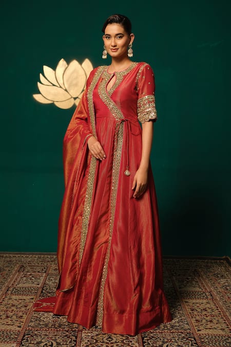 Niloufer By Aasif Ally_Red Tissue Zari, Mirrors, Embroidery Round Neck, Shimmer Anarkali With Dupatta _at_Aza_Fashions