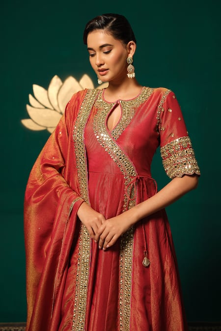 Buy_Niloufer By Aasif Ally_Red Tissue Zari, Mirrors, Embroidery Round Neck, Shimmer Anarkali With Dupatta 