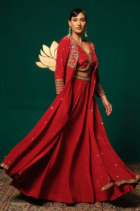 Niloufer By Aasif Ally_Red Crepe Stones, Sequins V-neck Embroidered Long Cape And Skirt Set _Online_at_Aza_Fashions