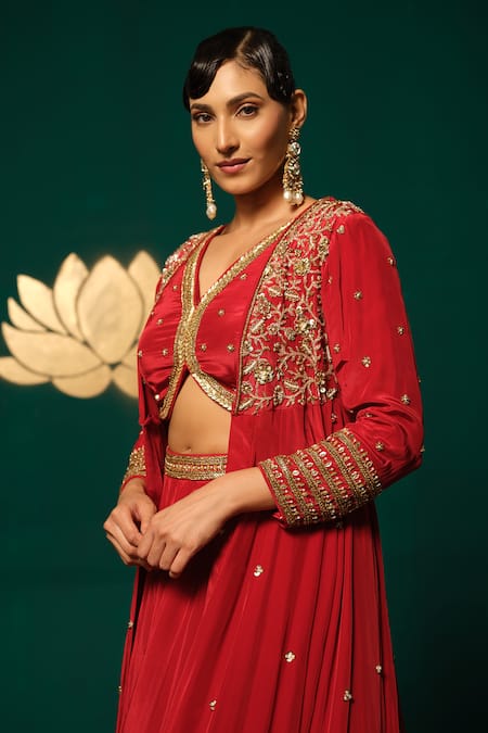 Buy_Niloufer By Aasif Ally_Red Crepe Stones, Sequins V-neck Embroidered Long Cape And Skirt Set _Online_at_Aza_Fashions
