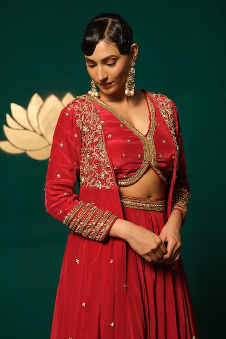 Shop_Niloufer By Aasif Ally_Red Crepe Stones, Sequins V-neck Embroidered Long Cape And Skirt Set _Online_at_Aza_Fashions