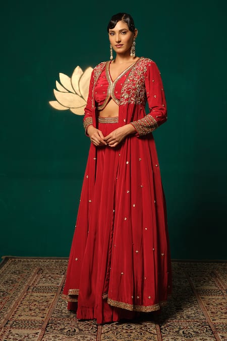 Niloufer By Aasif Ally_Red Crepe Stones, Sequins V-neck Embroidered Long Cape And Skirt Set _at_Aza_Fashions