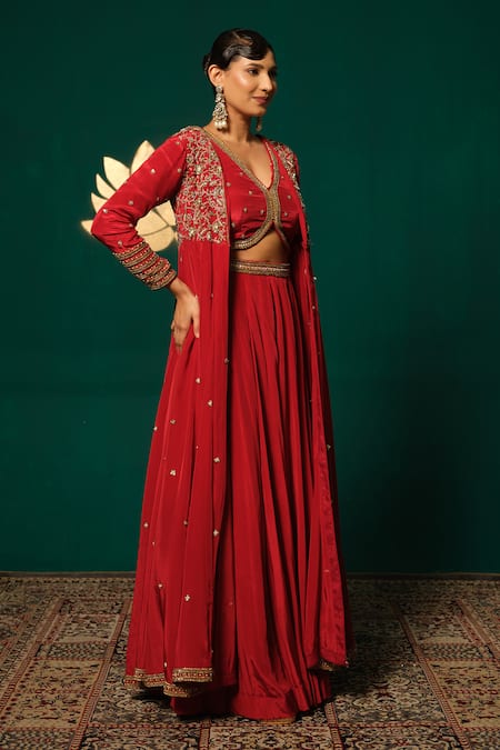 Buy_Niloufer By Aasif Ally_Red Crepe Stones, Sequins V-neck Embroidered Long Cape And Skirt Set 