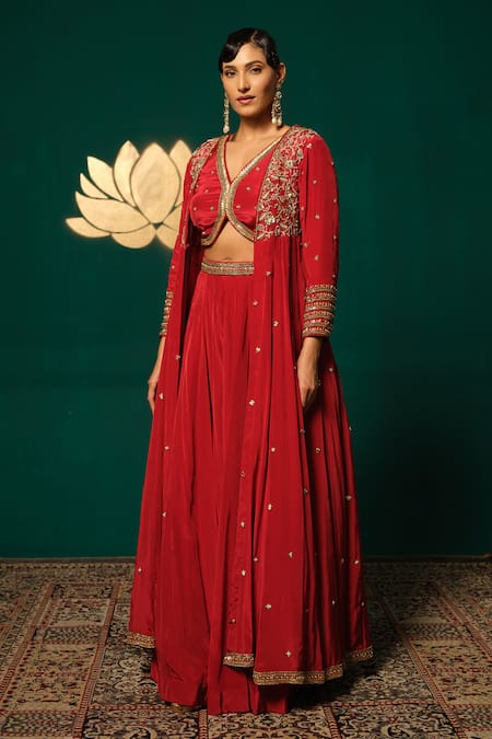 Shop_Niloufer By Aasif Ally_Red Crepe Stones, Sequins V-neck Embroidered Long Cape And Skirt Set 