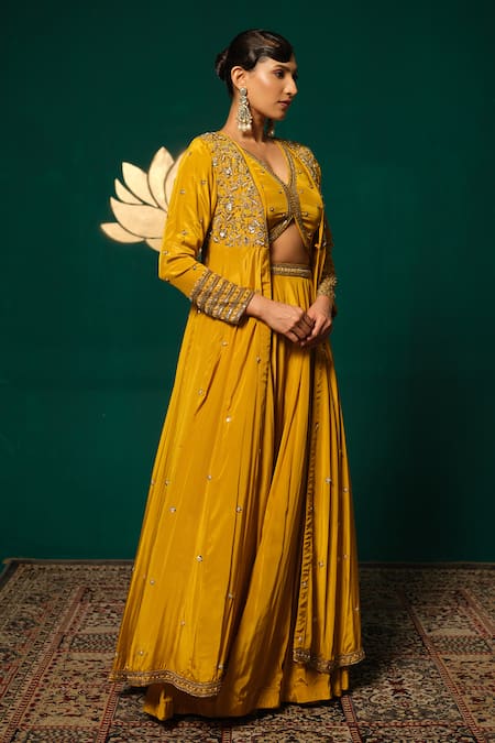 Niloufer By Aasif Ally_Yellow Crepe Sequins, Stones, Embroidery V-neck Long Cape And Skirt Set _Online_at_Aza_Fashions