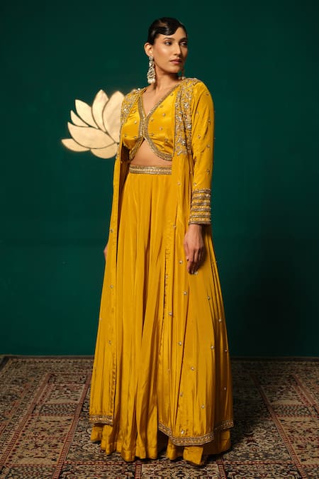 Buy_Niloufer By Aasif Ally_Yellow Crepe Sequins, Stones, Embroidery V-neck Long Cape And Skirt Set _Online_at_Aza_Fashions