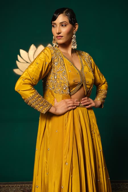 Shop_Niloufer By Aasif Ally_Yellow Crepe Sequins, Stones, Embroidery V-neck Long Cape And Skirt Set _Online_at_Aza_Fashions