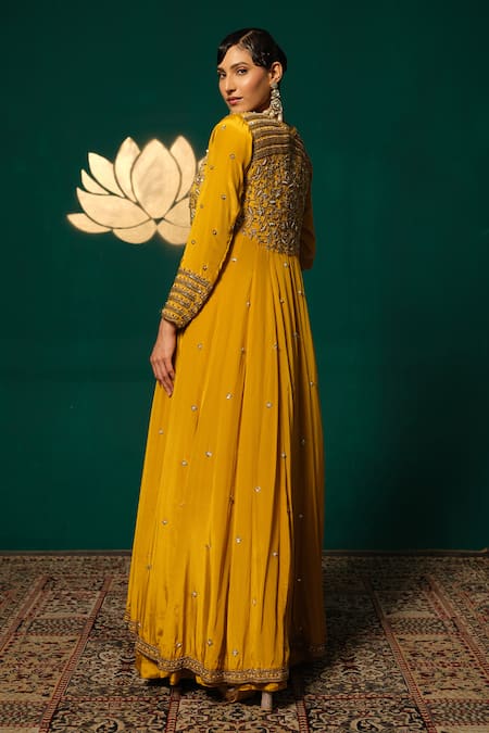 Niloufer By Aasif Ally_Yellow Crepe Sequins, Stones, Embroidery V-neck Long Cape And Skirt Set _at_Aza_Fashions