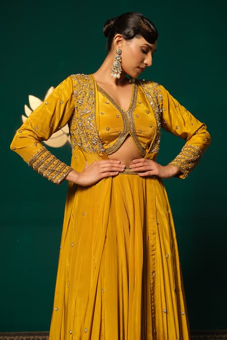 Shop_Niloufer By Aasif Ally_Yellow Crepe Sequins, Stones, Embroidery V-neck Long Cape And Skirt Set 