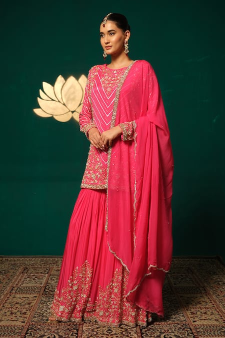 Niloufer By Aasif Ally_Pink Chinon, Tissue Sequins, Stones, Intricate Embroidered Kurta Sharara Set _Online_at_Aza_Fashions