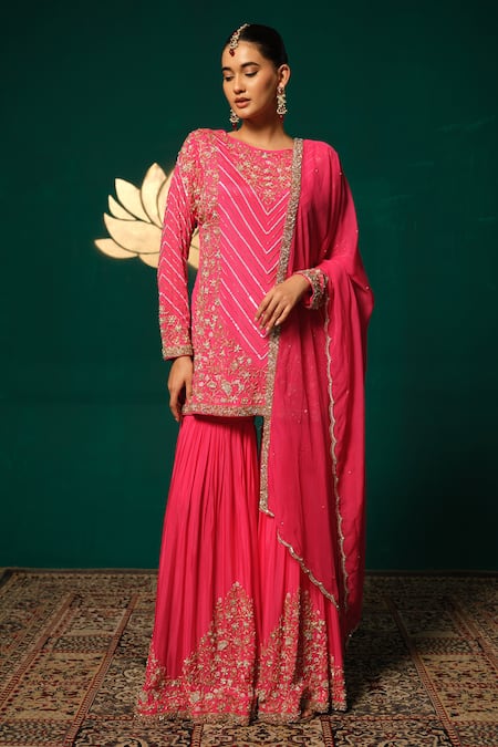 Buy_Niloufer By Aasif Ally_Pink Chinon, Tissue Sequins, Stones, Intricate Embroidered Kurta Sharara Set _Online_at_Aza_Fashions