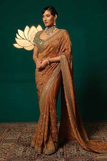 Niloufer By Aasif Ally_Brown Tissue Sequins, Embroidery, Stones, Zari, Beads Shimmer Saree With Blouse _Online_at_Aza_Fashions