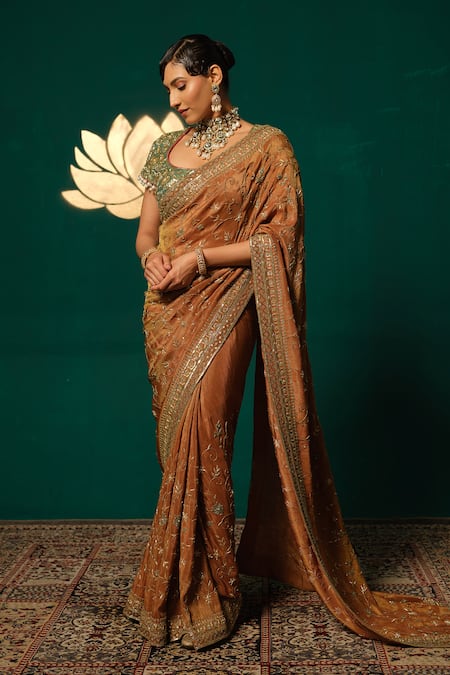 Buy_Niloufer By Aasif Ally_Brown Tissue Sequins, Embroidery, Stones, Zari, Beads Shimmer Saree With Blouse _Online_at_Aza_Fashions