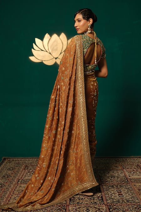Shop_Niloufer By Aasif Ally_Brown Tissue Sequins, Embroidery, Stones, Zari, Beads Shimmer Saree With Blouse _Online_at_Aza_Fashions