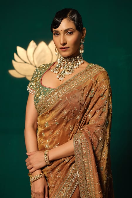 Niloufer By Aasif Ally_Brown Tissue Sequins, Embroidery, Stones, Zari, Beads Shimmer Saree With Blouse _at_Aza_Fashions