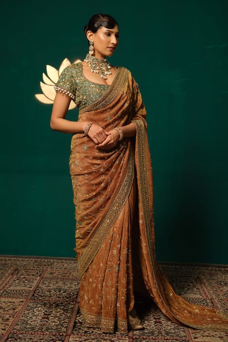 Buy_Niloufer By Aasif Ally_Brown Tissue Sequins, Embroidery, Stones, Zari, Beads Shimmer Saree With Blouse 