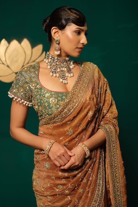 Shop_Niloufer By Aasif Ally_Brown Tissue Sequins, Embroidery, Stones, Zari, Beads Shimmer Saree With Blouse 