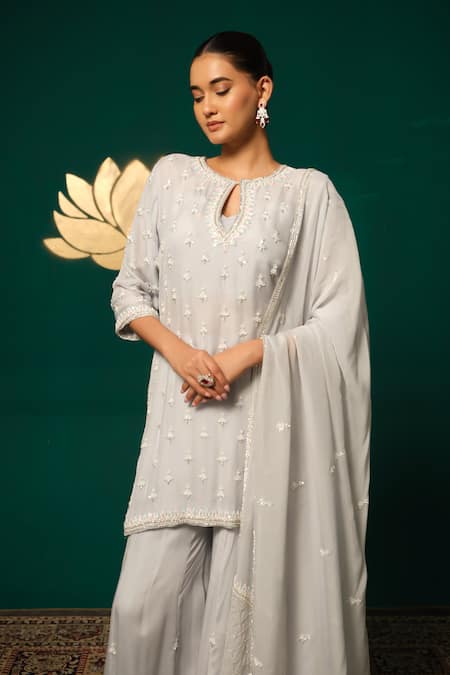 Niloufer By Aasif Ally_Silver Tissue Sequins, Embroidery, Beads Keyhole Floral Butti Kurta Sharara Set _Online_at_Aza_Fashions
