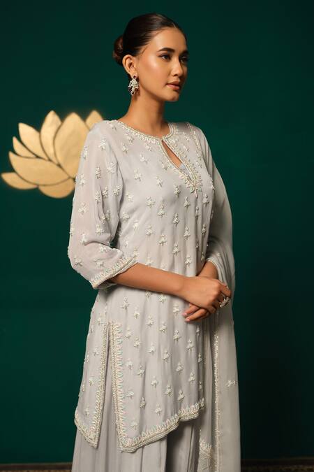 Shop_Niloufer By Aasif Ally_Silver Tissue Sequins, Embroidery, Beads Keyhole Floral Butti Kurta Sharara Set _Online_at_Aza_Fashions