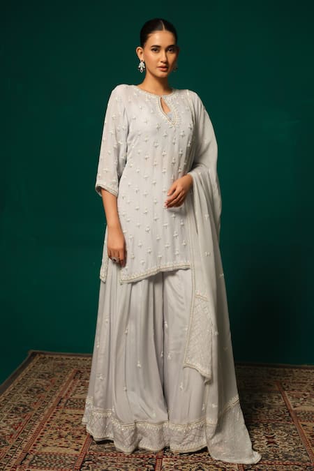 Niloufer By Aasif Ally_Silver Tissue Sequins, Embroidery, Beads Keyhole Floral Butti Kurta Sharara Set _at_Aza_Fashions