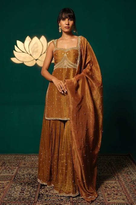 Niloufer By Aasif Ally Orange Tissue Sequins, Beads Scattered Embroidered Shimmer Kurta Sharara Set Online at Aza Fashions Niloufer By Aasif Ally_Orange Tissue Sequins, Beads Scattered Embroidered Shimmer Kurta Sharara Set _Online_at_Aza_Fashions