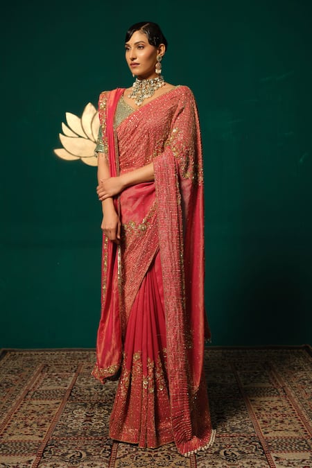 Niloufer By Aasif Ally_Pink Tissue Sequins, Stones, Zari, Embroidery, Hand Work Saree Set With Dupatta _Online_at_Aza_Fashions
