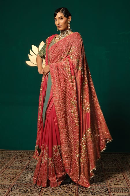 Niloufer By Aasif Ally_Pink Tissue Sequins, Stones, Zari, Embroidery, Hand Work Saree Set With Dupatta _at_Aza_Fashions