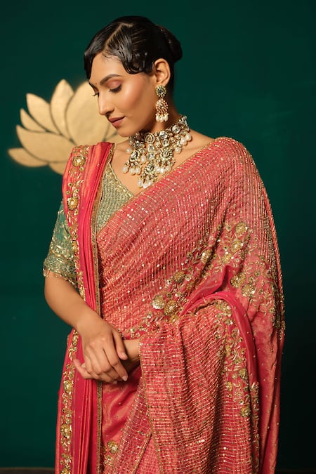 Buy_Niloufer By Aasif Ally_Pink Tissue Sequins, Stones, Zari, Embroidery, Hand Work Saree Set With Dupatta 