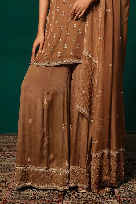 Buy Niloufer By Aasif Ally Brown Tissue Embroidery, Sequins, Stones, Antique Hand Work Kurta Sharara Set Online at Aza Fashions Buy_Niloufer By Aasif Ally_Brown Tissue Embroidery, Sequins, Stones, Antique Hand Work Kurta Sharara Set _Online_at_Aza_Fashions