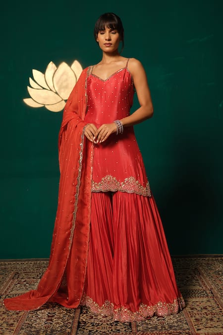 Shop_Niloufer By Aasif Ally_Red Chinon Sequins, Beads V-neck Scattered Embroidered Kurta Sharara Set _Online_at_Aza_Fashions