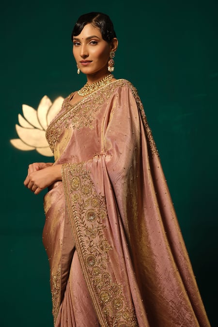 Niloufer By Aasif Ally_Rose Gold Tissue Zari, Sequins, Embroidery Antique Hand Work Saree With Blouse _Online_at_Aza_Fashions