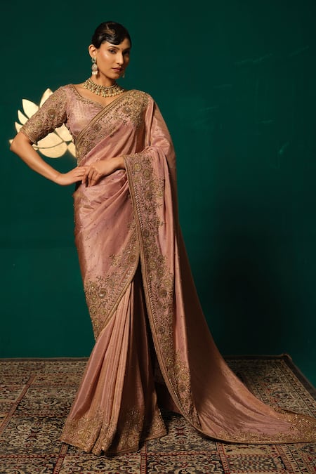 Shop_Niloufer By Aasif Ally_Rose Gold Tissue Zari, Sequins, Embroidery Antique Hand Work Saree With Blouse _Online_at_Aza_Fashions