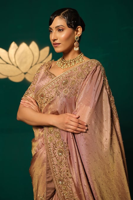 Niloufer By Aasif Ally_Rose Gold Tissue Zari, Sequins, Embroidery Antique Hand Work Saree With Blouse _at_Aza_Fashions