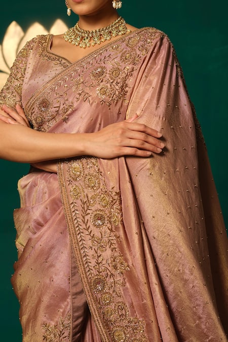 Buy_Niloufer By Aasif Ally_Rose Gold Tissue Zari, Sequins, Embroidery Antique Hand Work Saree With Blouse 
