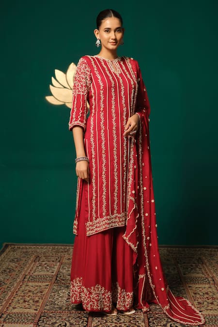 Buy_Niloufer By Aasif Ally_Red Chinon, Tissue Zari, Stones, Beads, Zardozi Straight Kurta Sharara Set _Online_at_Aza_Fashions