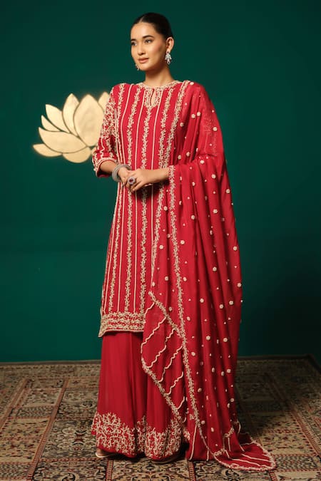 Shop_Niloufer By Aasif Ally_Red Chinon, Tissue Zari, Stones, Beads, Zardozi Straight Kurta Sharara Set _Online_at_Aza_Fashions