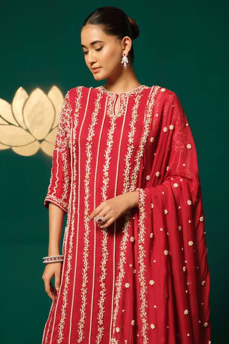 Niloufer By Aasif Ally_Red Chinon, Tissue Zari, Stones, Beads, Zardozi Straight Kurta Sharara Set _at_Aza_Fashions