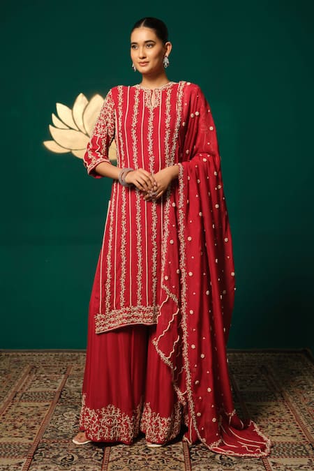 Shop_Niloufer By Aasif Ally_Red Chinon, Tissue Zari, Stones, Beads, Zardozi Straight Kurta Sharara Set 