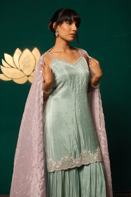 Niloufer By Aasif Ally_Blue Tissue Sequins, Embroidery V-neck Scattered Shimmer Kurta Sharara Set _Online_at_Aza_Fashions