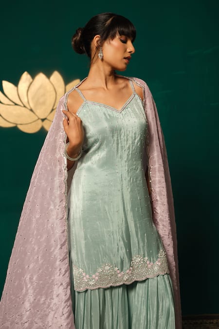 Buy_Niloufer By Aasif Ally_Blue Tissue Sequins, Embroidery V-neck Scattered Shimmer Kurta Sharara Set _Online_at_Aza_Fashions