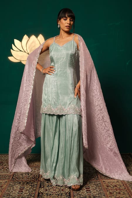 Niloufer By Aasif Ally_Blue Tissue Sequins, Embroidery V-neck Scattered Shimmer Kurta Sharara Set _at_Aza_Fashions