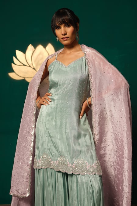 Buy_Niloufer By Aasif Ally_Blue Tissue Sequins, Embroidery V-neck Scattered Shimmer Kurta Sharara Set 