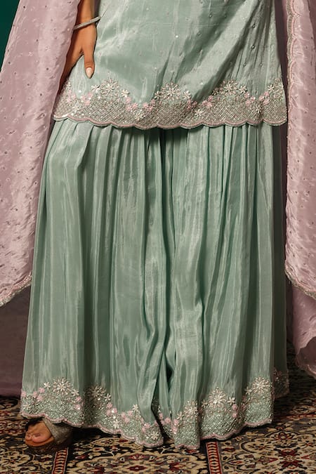 Shop_Niloufer By Aasif Ally_Blue Tissue Sequins, Embroidery V-neck Scattered Shimmer Kurta Sharara Set 