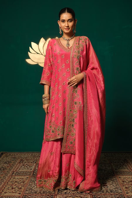 Niloufer By Aasif Ally_Pink Tissue Sequins, Zari, Embroidery V-neck Floral Kurta Sharara Set _Online_at_Aza_Fashions